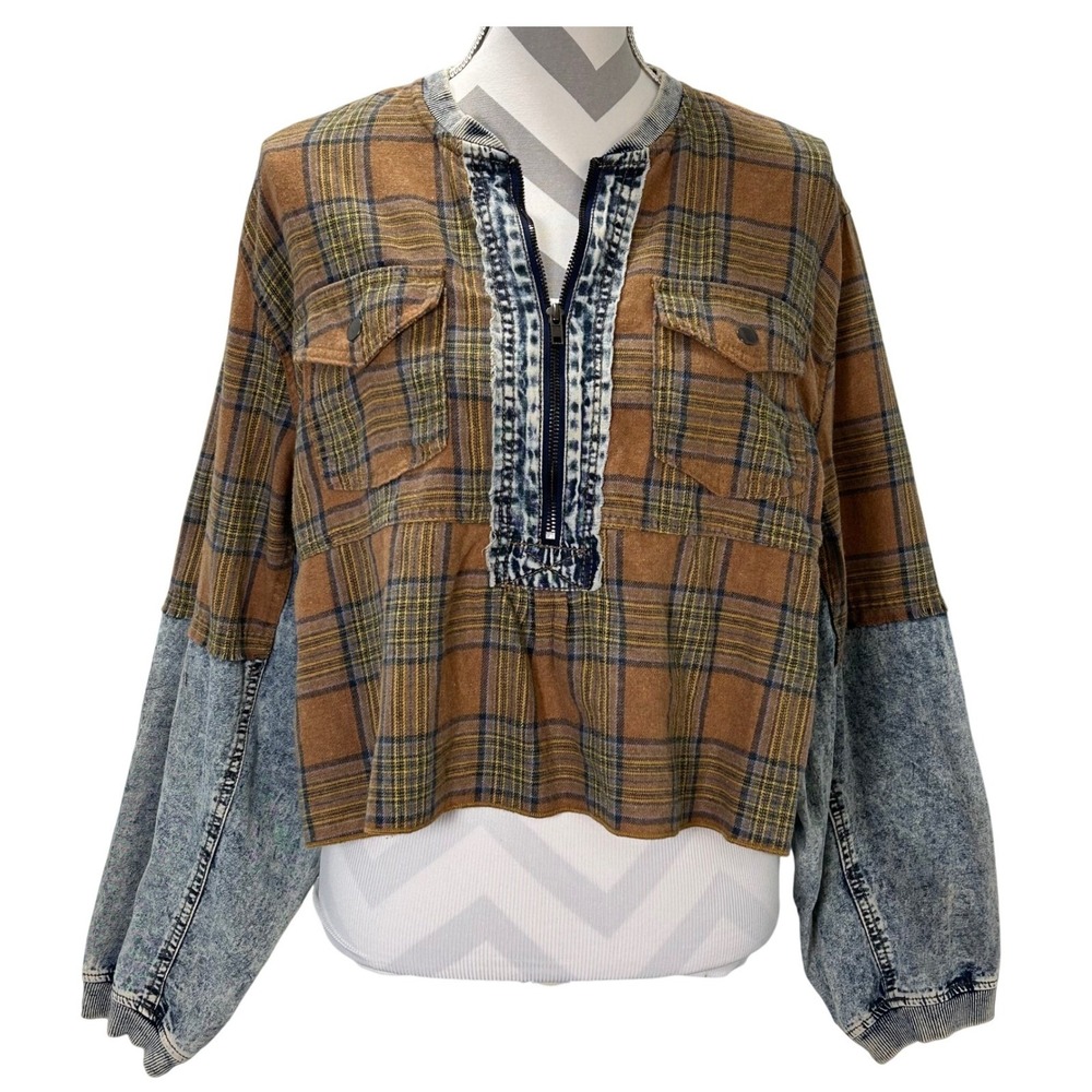 PROMESA Plaid Denim Patchwork Quarter Zip Collared Pullover Top Womens Size‎ M